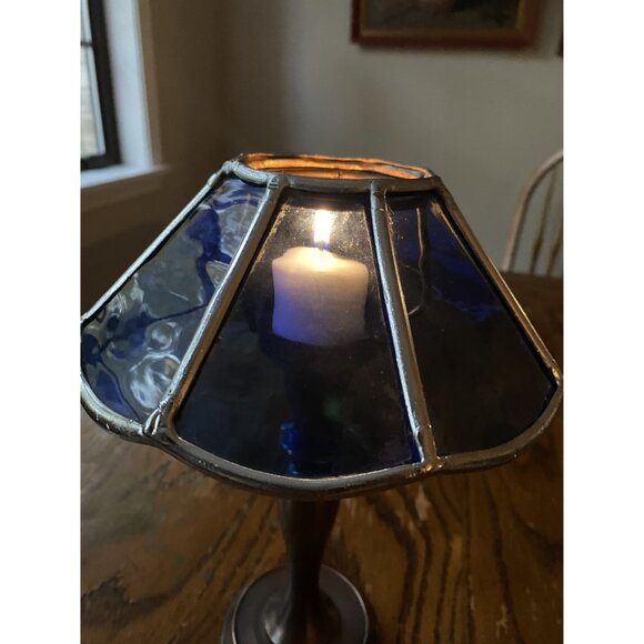 Handmade Stained Glass Blue Tealight Candle Lamp With Brass Base - Picture 7 of 7